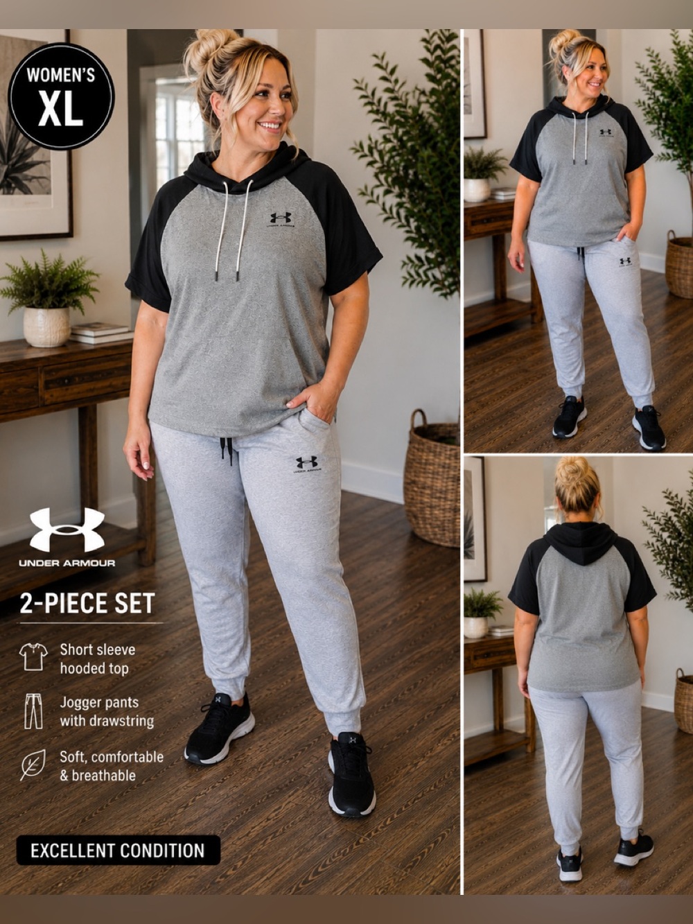 Under Armour XXl Gray & Black Short-Sleeve Hooded Top and 1XL Jogger outfit